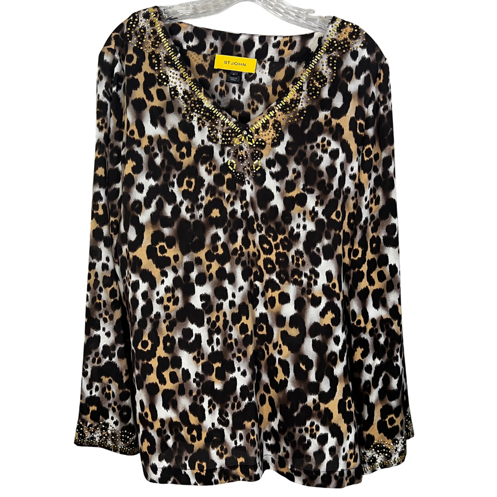 St John Tunic Top Medium Brown Leopard Print Long Sleeve Silk Blend Embellished